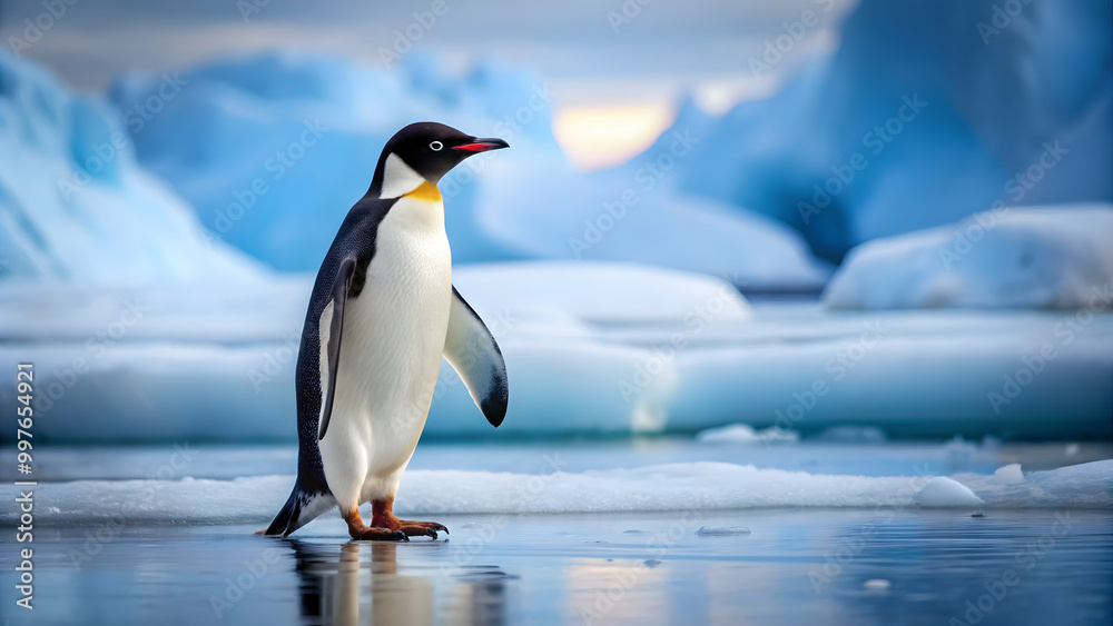 Obraz premium A penguin waddling on ice in a polar region, penguin, ice, cold, polar, wildlife, Antarctica, cute, flightless, bird, animal
