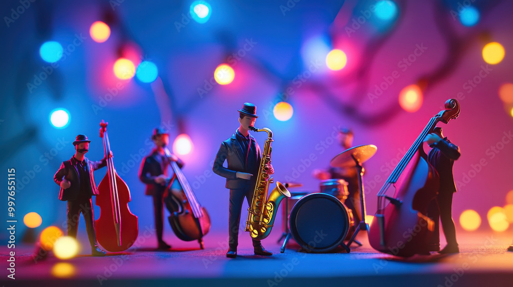 Fototapeta premium miniature musician playing instrument with band a group of people in a concert hall