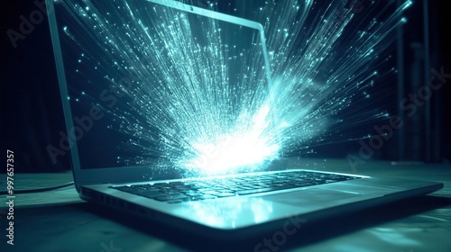 Abstract representation of the World Wide Web with dynamic light effects surrounding a computer. This futuristic digital concept showcases interconnected web technology, 