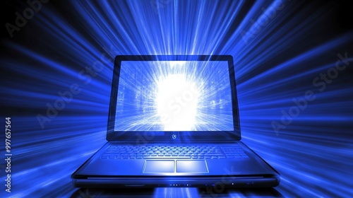Abstract representation of the World Wide Web with dynamic light effects surrounding a computer. This futuristic digital concept showcases interconnected web technology, 