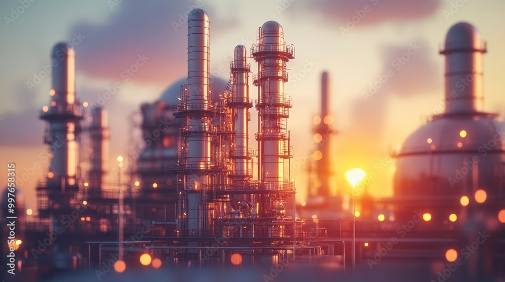 Obraz premium Industrial refinery towers against a colorful sunset sky
