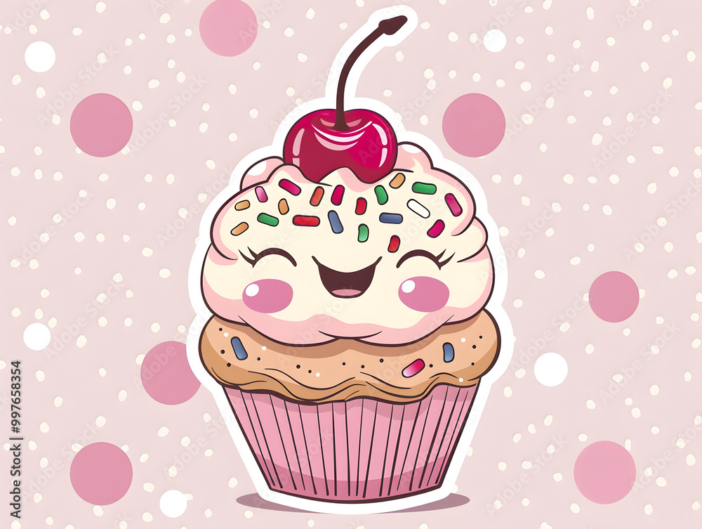 Charming cartoon cupcake with happy expression, topped with colorful sprinkles and cherry, set against playful pink background. This delightful treat brings joy and sweetness Charming cartoon cupcake with happy expression, topped with colorful sprinkles and cherry, set against playful pink background. This delightful treat brings joy and sweetness