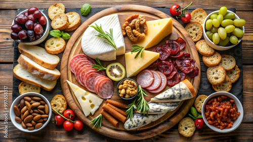 Gourmet cheese and charcuterie platter with nuts, fresh produce and bread , charcuterie, cheese, gourmet, spread