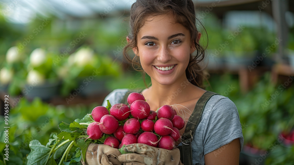 Freshly Harvested Radishes with Smiling Gardener Freshly Harvested Radishes with Smiling Gardener