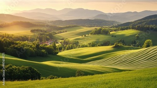 Rolling Green Hills and a Distant Mountain Range at Sunset