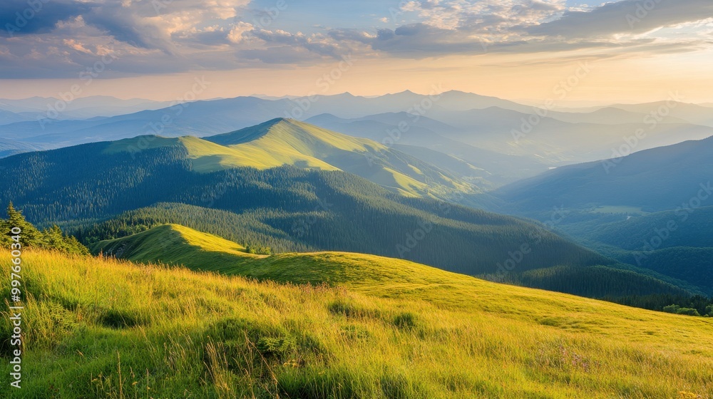Fototapeta premium Majestic Mountain Ranges at Sunset with Lush Green Slopes
