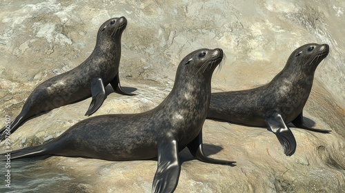 Three seals resting on a rocky shore in natural habitat