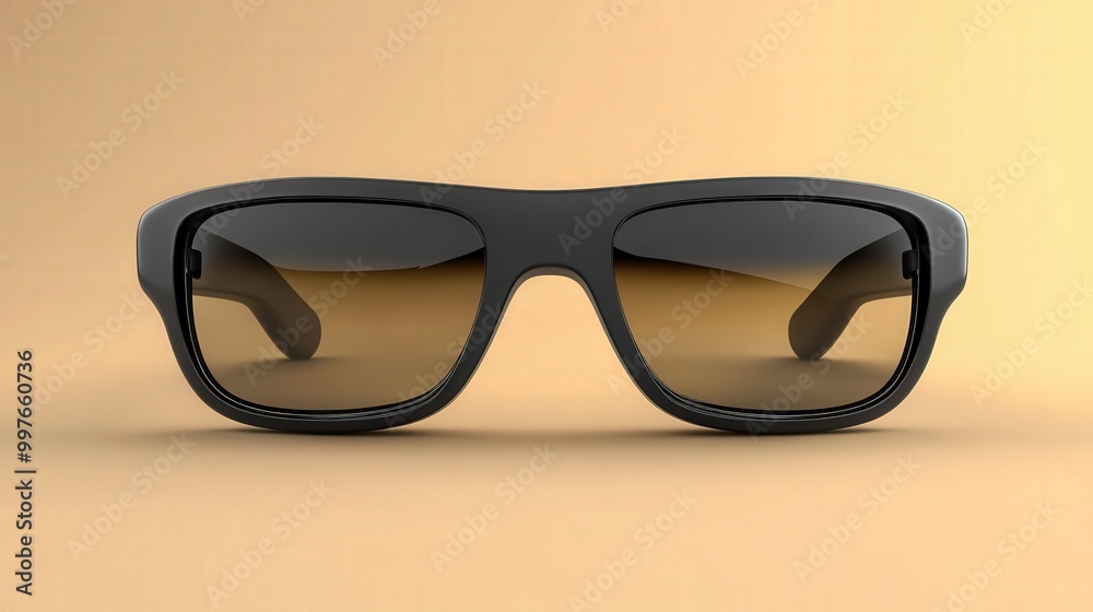 Stylish black sunglasses with gradient lenses on light brown background Stylish black sunglasses with gradient lenses on light brown background