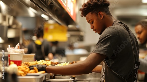 A young man wearing a black apron prepares food in a commercial kitchen