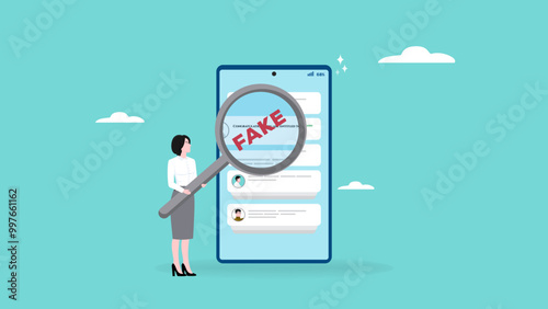 caution, lottery fraud on the internet, investment fraud or scam, fraudulent messages concept, the lure of fake gifts, businesswoman examining fraudulent messages using a magnifier