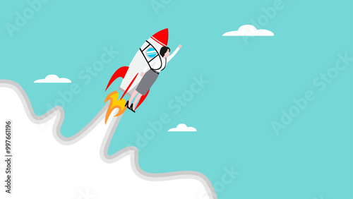 startup business launch or investment profit increase, growing improvement sales, rapid economic growth, businesswoman flying using rocket to reach business success and financial freedom