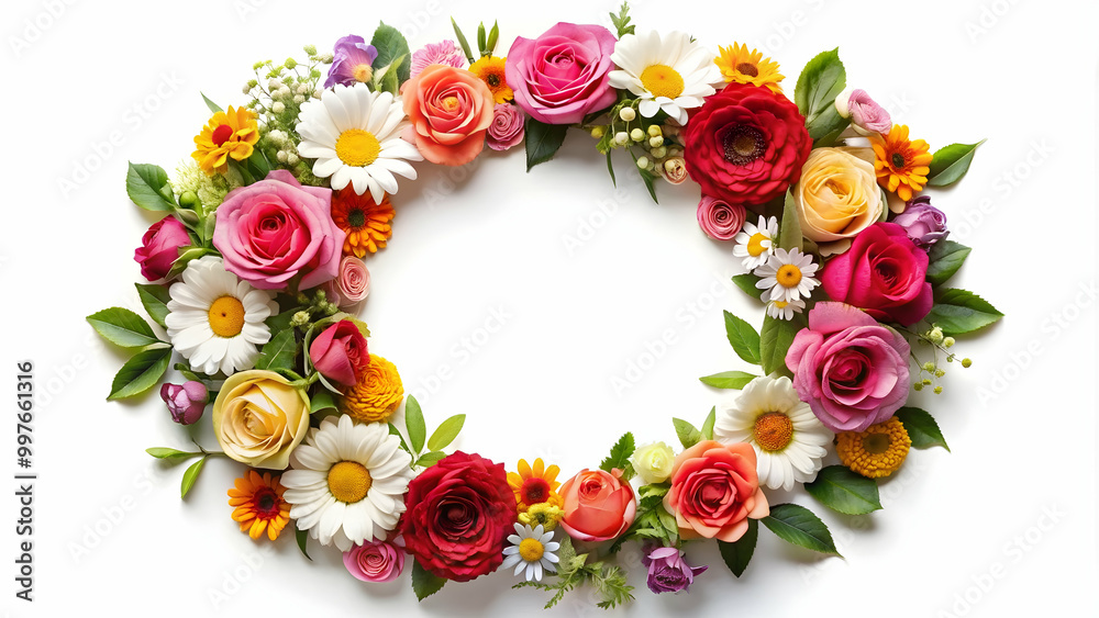 Circular floral wreath with vibrant roses and daisies, detailed petals and leaf veins on a white background Circular floral wreath with vibrant roses and daisies, detailed petals and leaf veins on a white background
