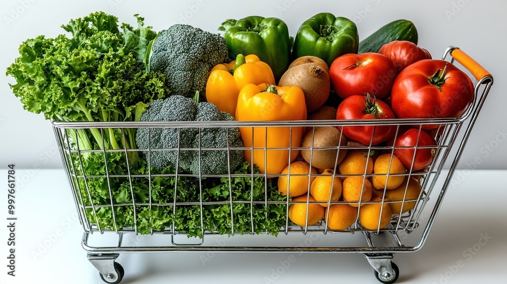 Stunning display of fresh vegetables and fruits in an open shopping cart on a white background, ample copy space, healthy eating or supermarket interior design concept, placeholder text Stunning display of fresh vegetables and fruits in an open shopping cart on a white background, ample copy space, healthy eating or supermarket interior design concept, placeholder text