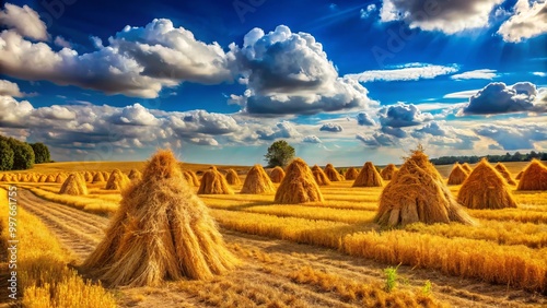 Golden harvest stooks rest peacefully in a tranquil rural landscape, beneath a bright blue sky adorned with soft, photo