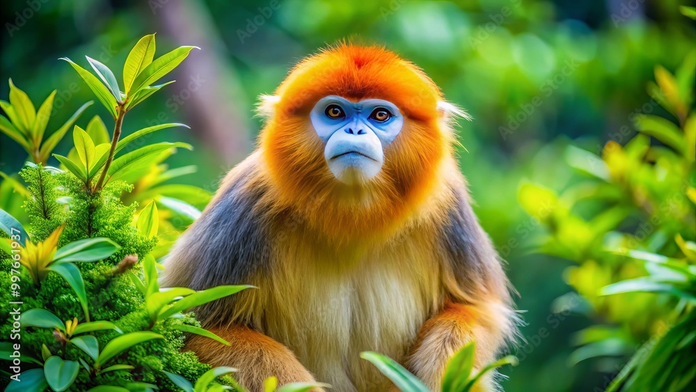Golden Snub-Nosed Monkey gracefully perched among verdant foliage, its vivid surroundings bursting with colorful Golden Snub-Nosed Monkey gracefully perched among verdant foliage, its vivid surroundings bursting with colorful