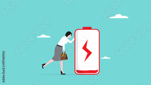 tired businesswoman illustration, low performance employee, lack of enthusiasm for work concept, businesswoman holding on to a battery whose power is almost empty, tired businesswoman with low battery