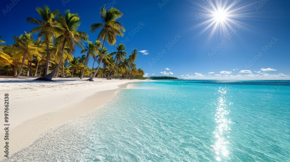 Fototapeta premium Tranquil tropical beach with palm trees and clear blue ocean water