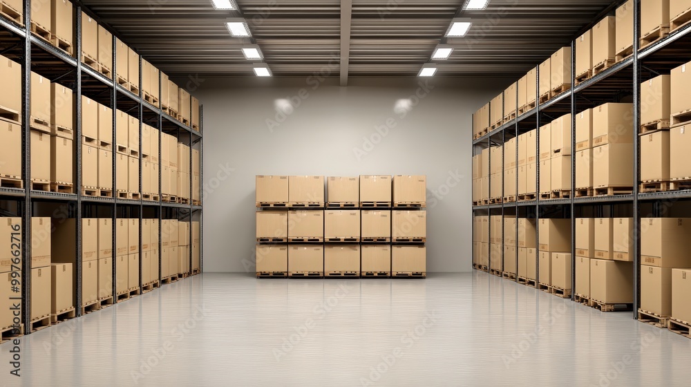 Spacious warehouse with stacks of cardboard boxes on metal shelves Spacious warehouse with stacks of cardboard boxes on metal shelves