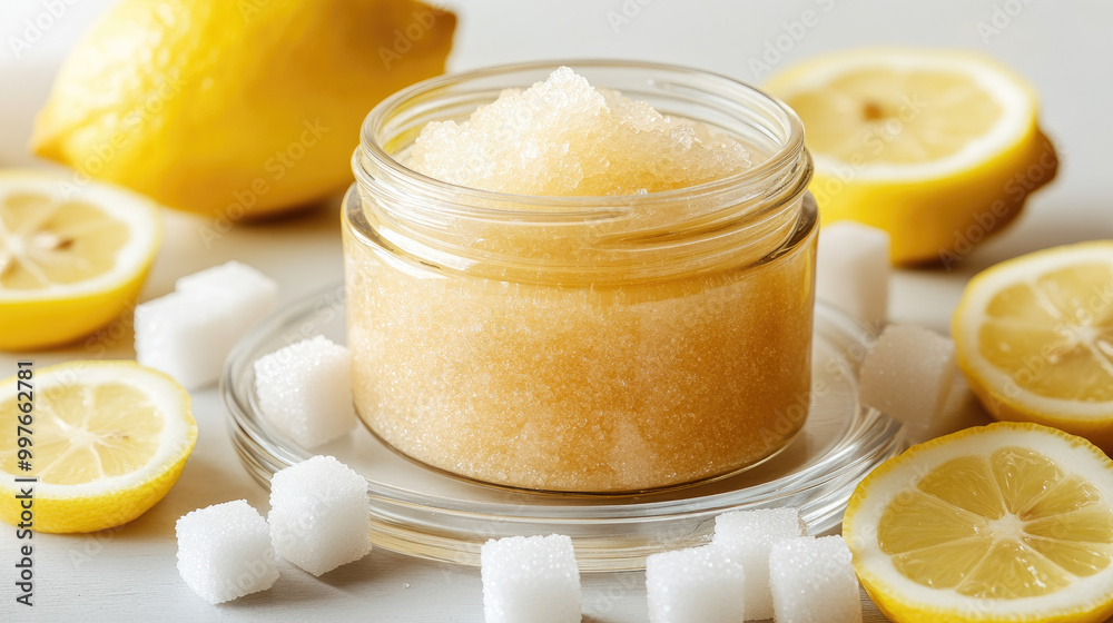 High-resolution product photography featuring a jar of exfoliating sugar scrub, lemon slices, and sugar cubes on a minimalist glass plate. Perfect for skincare visuals. High-resolution product photography featuring a jar of exfoliating sugar scrub, lemon slices, and sugar cubes on a minimalist glass plate. Perfect for skincare visuals.