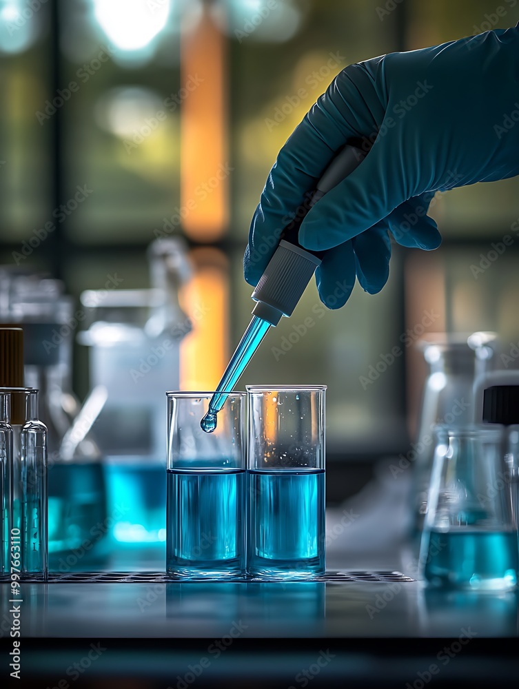 A female scientist’s hand, wearing nitrile gloves, gently dropping a bright blue liquid into a clear test tube. A female scientist’s hand, wearing nitrile gloves, gently dropping a bright blue liquid into a clear test tube.