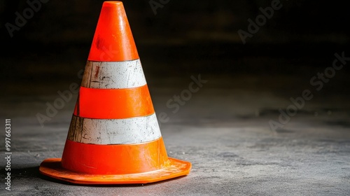 Orange traffic cone on dark surface symbolizing caution and safety photo