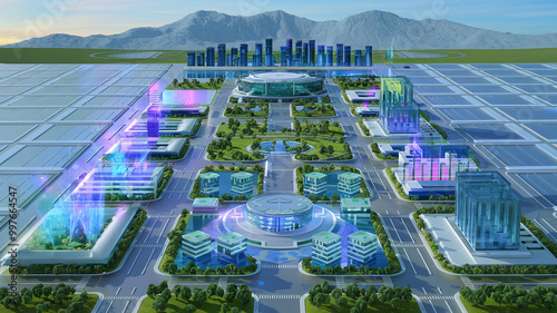 Futuristic cityscape featuring modern buildings, greenery, and advanced infrastructure.