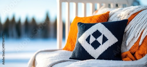 Winter porch with boho pillows and blankets, snow-covered landscape, cozy vibes