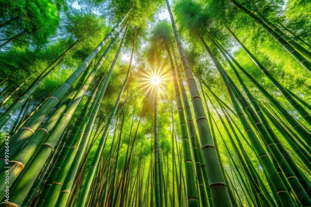 In a peaceful garden, a tall bamboo tree thrives, bathed in bright, natural sunlight, emphasizing the serene beauty In a peaceful garden, a tall bamboo tree thrives, bathed in bright, natural sunlight, emphasizing the serene beauty