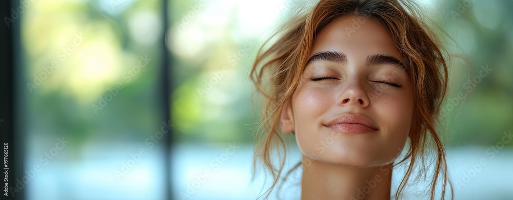 Serene woman enjoying a moment of tranquility indoors Serene woman enjoying a moment of tranquility indoors
