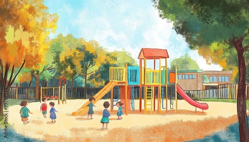 Wallpaper Mural Children playing in the illustration playground. Illustration using crayon texture style. Perfect for children's books, cover, websites, and more. Torontodigital.ca
