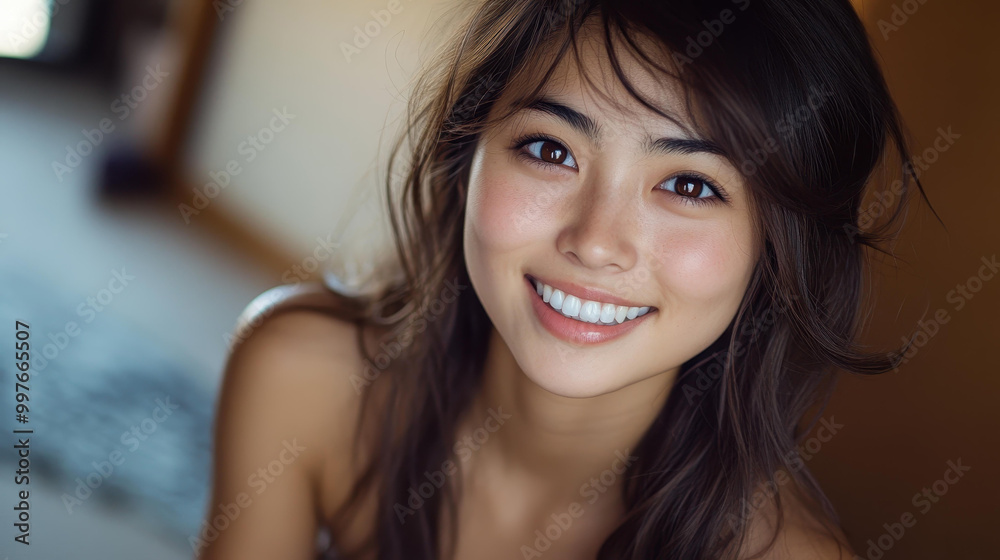 Create a comicstyle profile image featuring an Asian character with long brown hair, big eyes, and a sweet smile. Create a comicstyle profile image featuring an Asian character with long brown hair, big eyes, and a sweet smile.