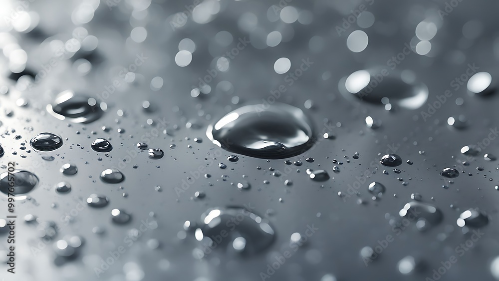 Close-up of water droplets on a smooth metallic surface, with tiny reflections and light distortions in each droplet Close-up of water droplets on a smooth metallic surface, with tiny reflections and light distortions in each droplet