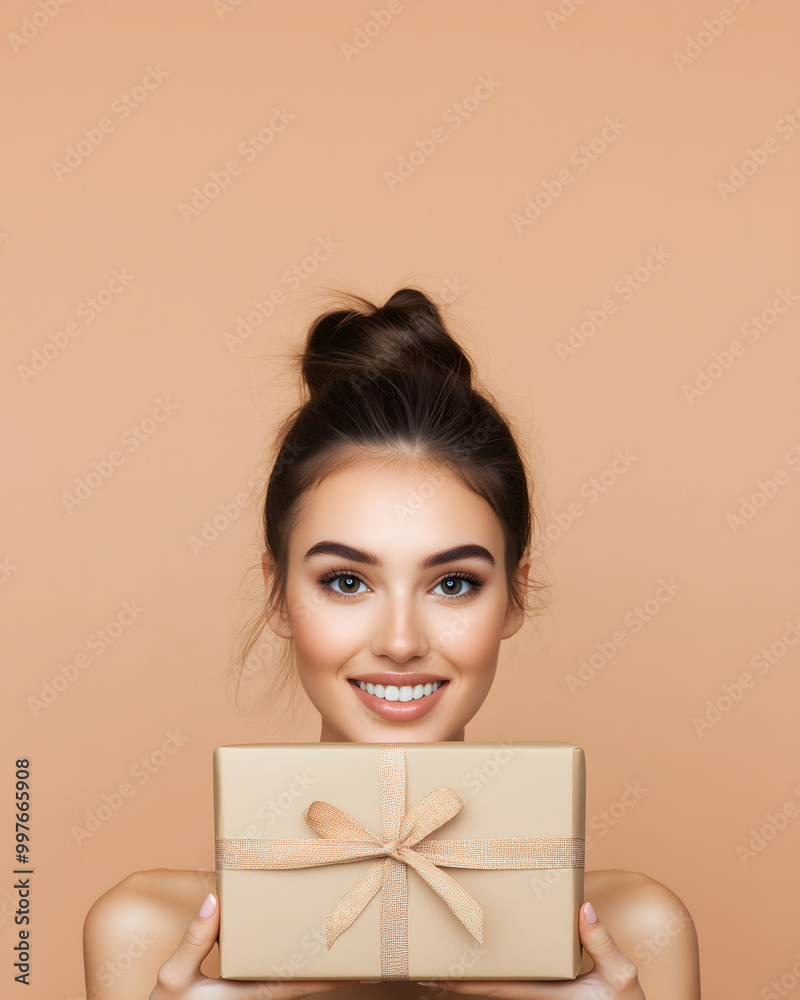 Elegant woman with a stylish bun presenting a beige gift box, perfect for celebrations. Elegant woman with a stylish bun presenting a beige gift box, perfect for celebrations.