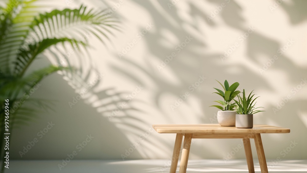 Fototapeta premium Serene Indoor Oasis: Lush green plants in stylish pots atop a wooden table, beautifully casting shadows against a soft beige wall, creating a tranquil atmosphere perfect for relaxation.
