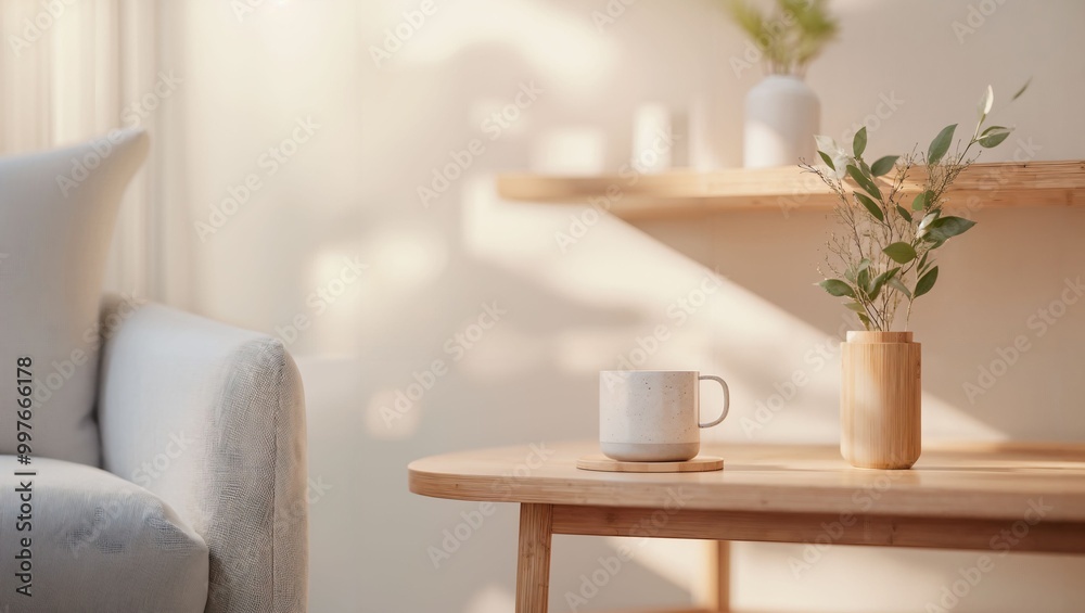 A calming and minimalist interior scene featuring a cozy chair, a wooden table with a mug, and a delicate plant, exuding tranquility and simplicity in design aesthetics. A calming and minimalist interior scene featuring a cozy chair, a wooden table with a mug, and a delicate plant, exuding tranquility and simplicity in design aesthetics.