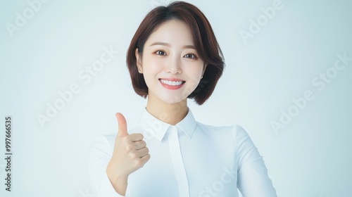 A cheerful Korean woman in a white shirt and grey skirt poses with a thumbsup, showcasing confidence and style.