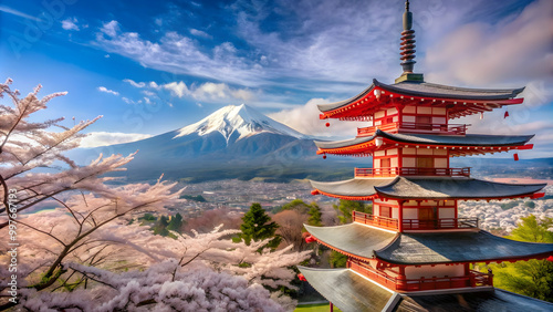 Scenic view of Chureito Pagoda and Mount Fuji surrounded by cherry blossoms in spring , Japan