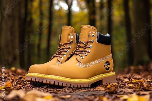 Create classic timberland boots in tan with thick soles, set in a dense forest with autumn leaves scattered on the ground and warm natural light