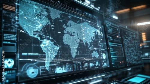 Futuristic Crime Prediction Dashboard Displaying Real-Time Data on High-Risk Areas and Trends, Advanced Digital Interface against Dark Backdrop, map highlighting high-risk areas and crime trends, emph