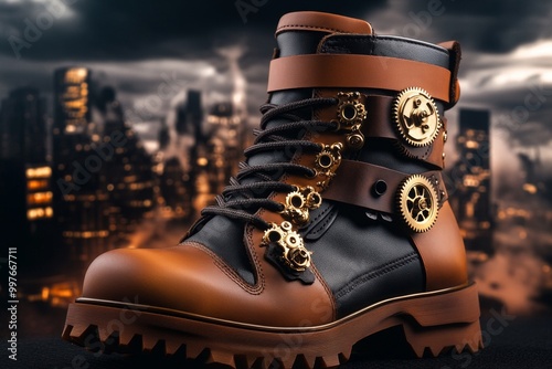 Create steampunk boots with brass gears, leather straps, and cog details, set against a victorian-era steam-powered cityscape photo