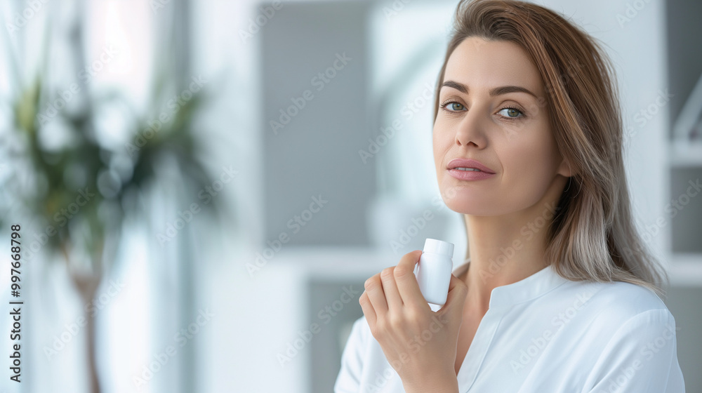 Woman holding small bottle of weight-loss pills, looking determined and focused in a minimalist, well-lit room with copy space for text. Woman holding small bottle of weight-loss pills, looking determined and focused in a minimalist, well-lit room with copy space for text.