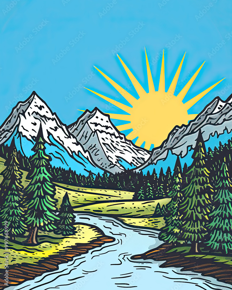 Mountain Valley in Vintage Comic Style