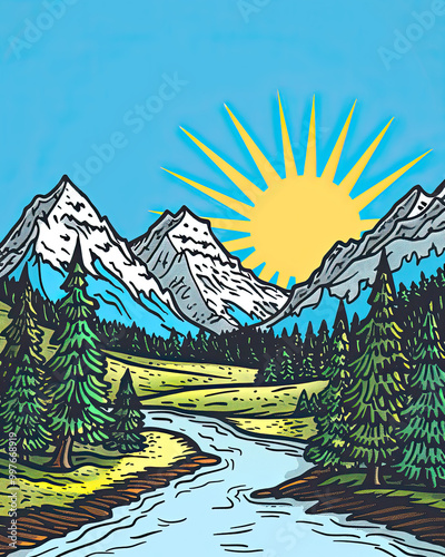 Obraz na płótnie Mountain Valley in Vintage Comic Style w salonie