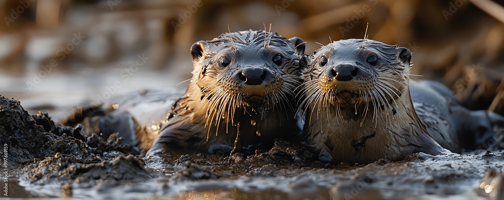 Playful river otters sliding down muddy bank Playful river otters sliding down muddy bank