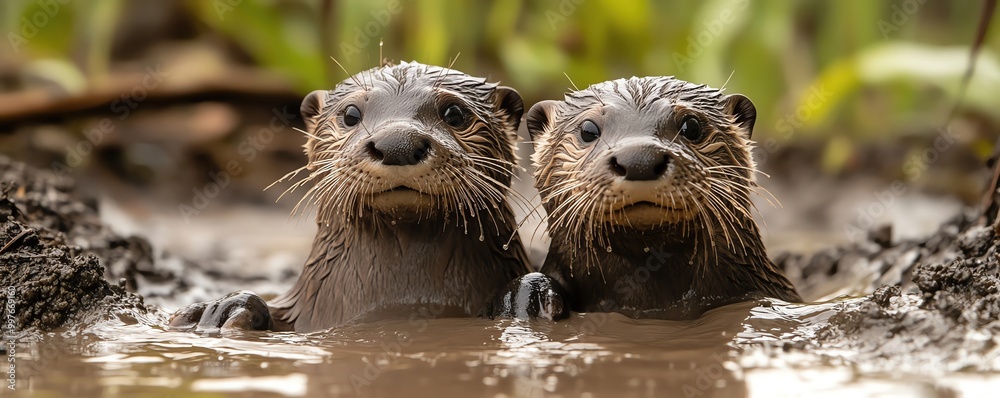 Playful river otters sliding down muddy bank Playful river otters sliding down muddy bank