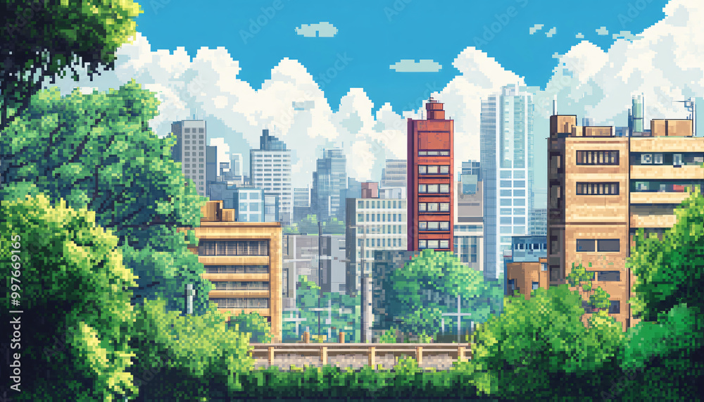 Obraz premium A retro-inspired, pixelated landscape or city scene reminiscent of classic 8-bit video games, perfect for a nostalgic yet playful vibe