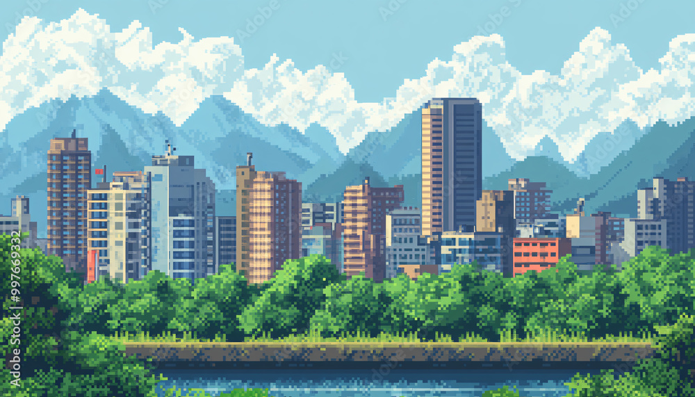 Obraz premium A retro-inspired, pixelated landscape or city scene reminiscent of classic 8-bit video games, perfect for a nostalgic yet playful vibe