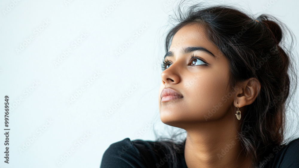 A young woman gazes thoughtfully out of a window in a minimalist indoor setting