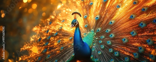 Vibrant peacock displaying full feather fan
