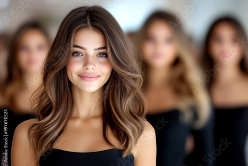 A group of women with long hair are smiling for the camera. Scene is happy and friendly